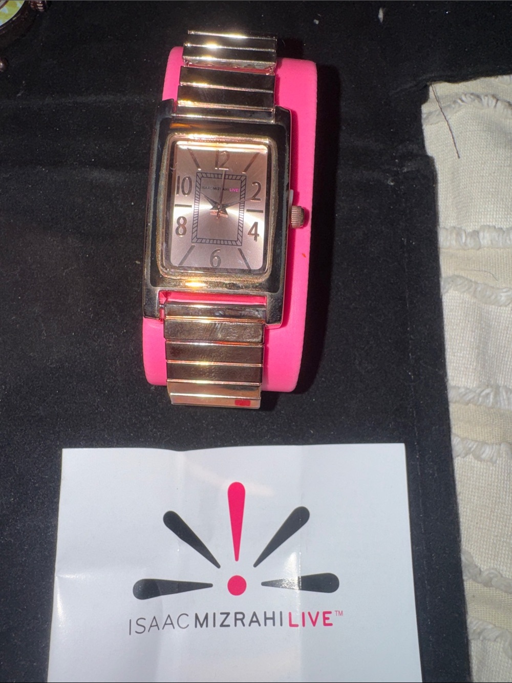 NWT Isaac Mizrahi Pink Silicone Band Gold-Tone Rectangular Watch